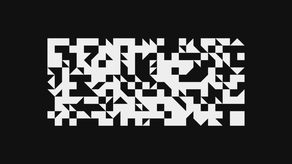 Komplexes Muster aus schwarzen geometrischen Formen auf weißem Grund, ähnlich einem digitalen Mosaik